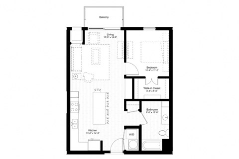 Floor plan for 1 bed, 1 bath, 742 sqft